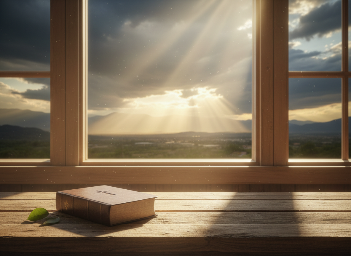 A warm, hopeful editorial photograph for a Christian encouragement blog post about finding God's goodness and renewing the mind during difficult times. A closed or subtly visible Bible resting on a simple wooden table near a window, with dramatic storm clouds outside giving way to golden sunlight and gentle rays, conveying hope, peace, faith, and renewed perspective. Natural, realistic, tasteful, uplifting, uncluttered composition with open space suitable for a featured image. No text, no words, no logos, no watermark.